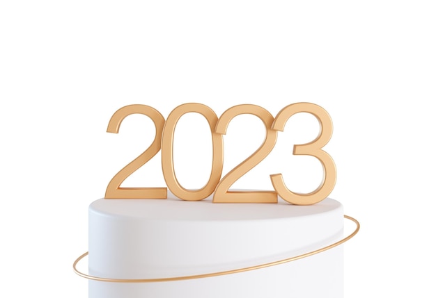 Golden numbers 2023 standing on podium isolated on white background Happy New Year 2023 Party Merry Christmas New year Celebration Cut out element for event card 3D render