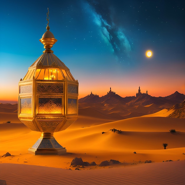 A golden object in the middle of a desert with a galaxy in the background