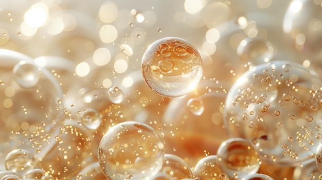 Golden Oil Bubbles Floating on a Transparent Surface