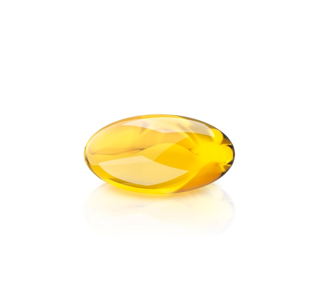 Golden oil capsule of vitamin A E Omega 3 or collagen Vector realistic mockup of medical pill with fish fat or organic cosmetic oil Clear yellow tablets isolated on transparent background 3d rend