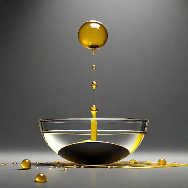 水の入ったグラスに落ちる金色の油滴3 dイラスト水差しからagにオリーブオイルを注ぐ