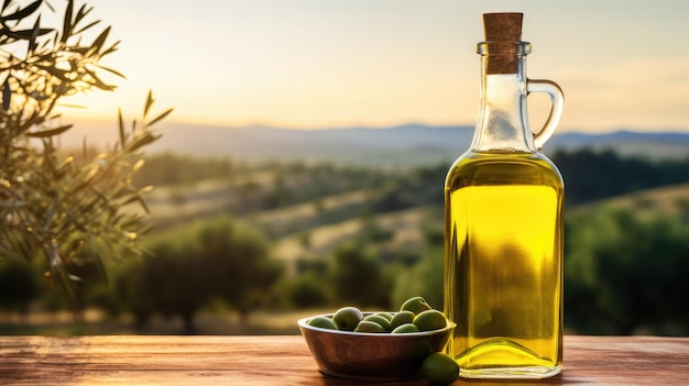 Photo golden olive oil bottle on wooden table amidst olive trees at sunset