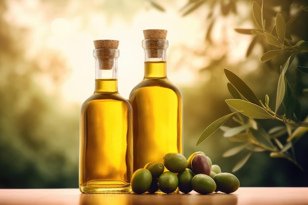 golden olive oil bottle on wooden table olive field AI generated