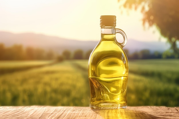 golden olive oil bottle on wooden table olive field