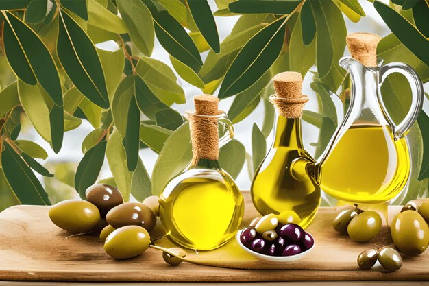 Golden Olive Oil Bottles With Olives Leaves AndFruits Set 3d realistic illustration