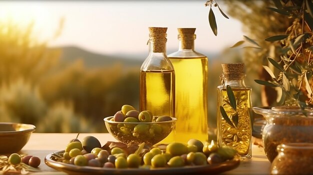 Golden olive oil bottles with olives leaves and fruits Generative AI