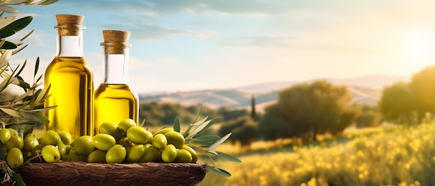 Golden olive oil bottles with olives leaves and fruits