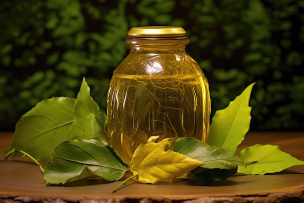 金色のオリーブオイルをガラスの瓶に生成アイで作られた葉で