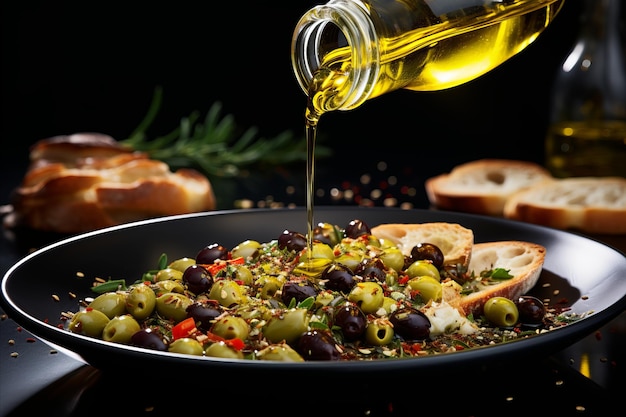 Золотое оливковое масло, наливаемое на тарелку с зелеными оливками с тимьяном