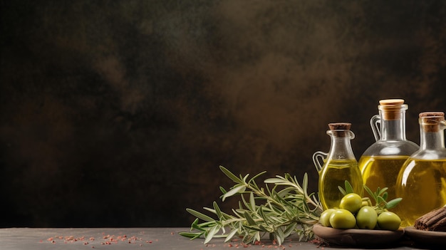 Золотые бутылки с оливковым маслом и уксусом с листьями тимьяна и ароматических трав