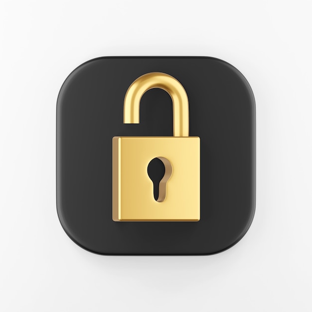 Golden open padlock icon. 3d rendering black square key button, interface ui ux element.