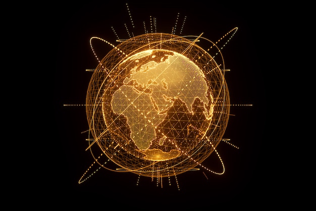 Golden, orange hologram of the planet earth made of dots isolated on a black wall. Globalization, network, fast internet. Copy space, 3D rendering 3D illustrations.