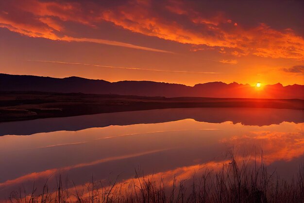 Golden and orange sunset dramatic sky over lake