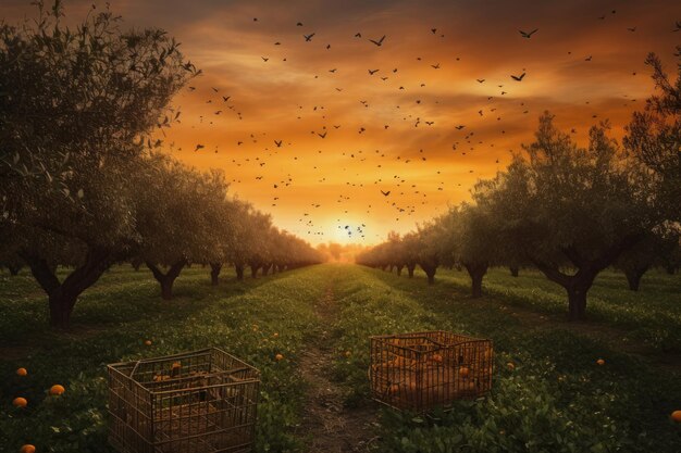 Golden orchard of orange trees setting sun and juicy fruits generative IA