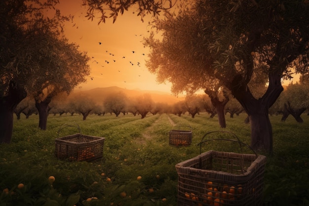 Golden orchard of orange trees setting sun and juicy fruits generative IA