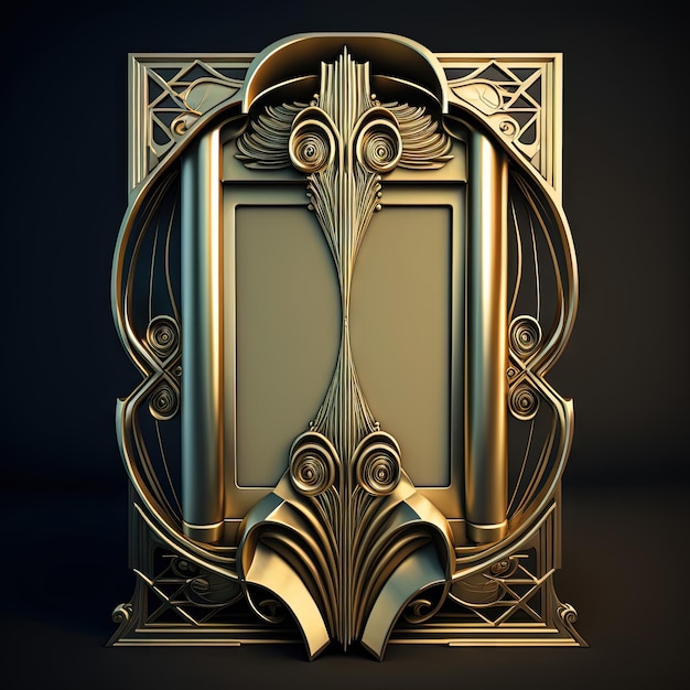 Golden ornamental art deco frame on black bakcground Retro golden art deco or art nouveu frame with vintage ornament Generative AI