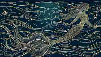 Photo golden outlined hand drawn mermaid with long flowing hair and fishtail swimming in the sea vector illustration