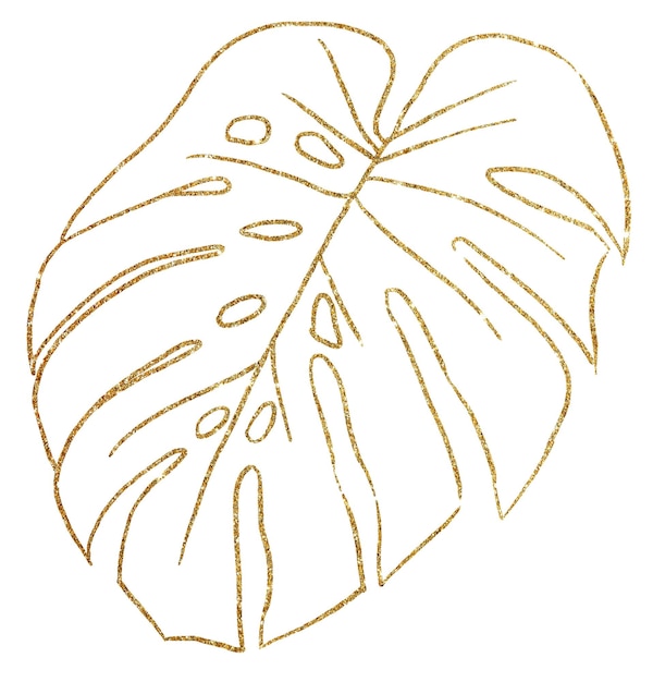 Золотые очертания тропических листьев монстеры, иллюстрация Элегантный элемент для свадебного дизайна, поздравительные открытки и место для текста