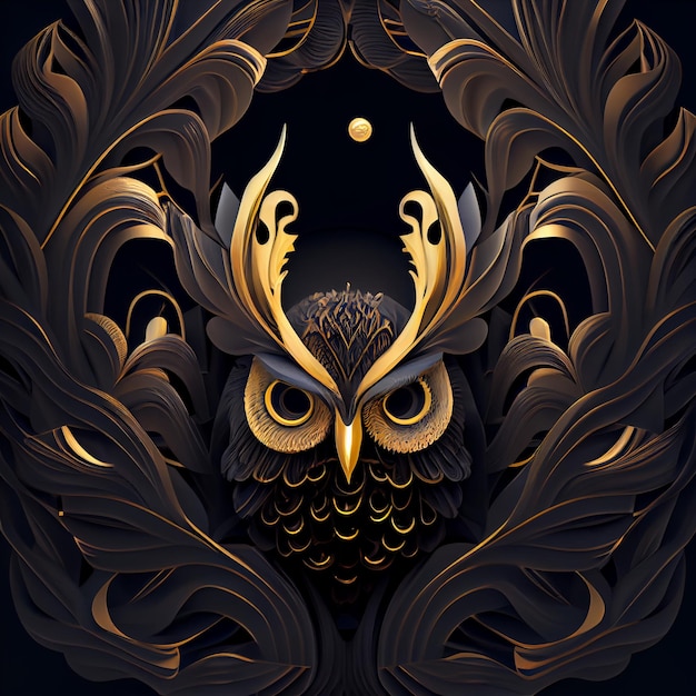 Golden owl surrounded by leaves on a black background generative ai