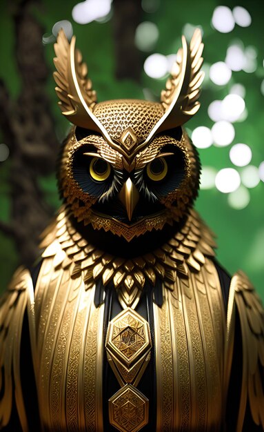 A golden owl with a crown on its head