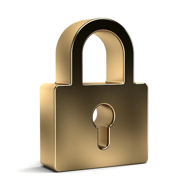 A golden padlock is against a white background.