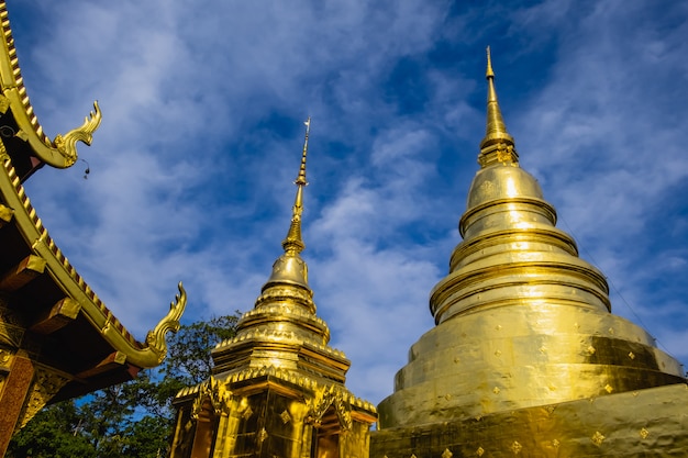 The golden pagoda and blue sky at Wat Phra Singh