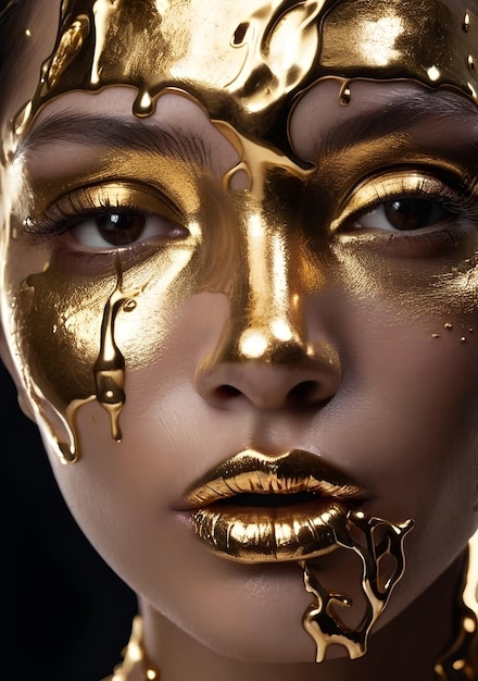 Золотые пятна краски капают с лица губы и руки золотая жидкость падает на красивую модель девушку