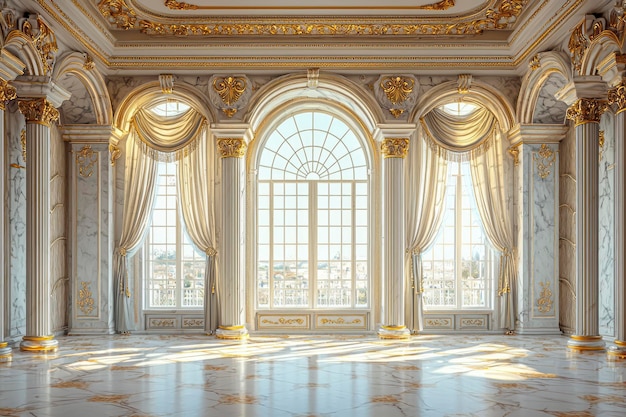 Golden Palace Interior Elegant Castle Hall with Marble Columns and Arch Windows Perfect for Luxury Weddings and Banquets