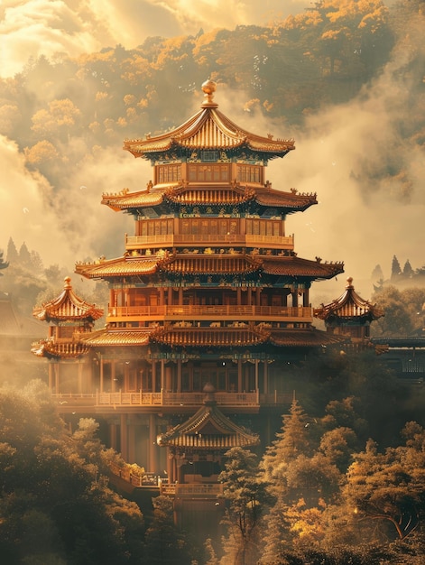 The golden palace shrouded in clouds and mist in the valley