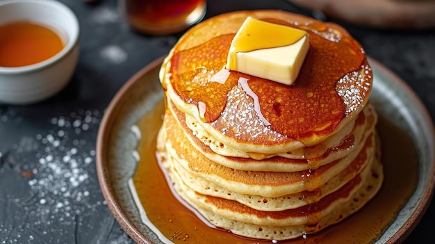 Golden pancakes drenched with a copious amount of maple syrup and piled high on a platter Generative AI