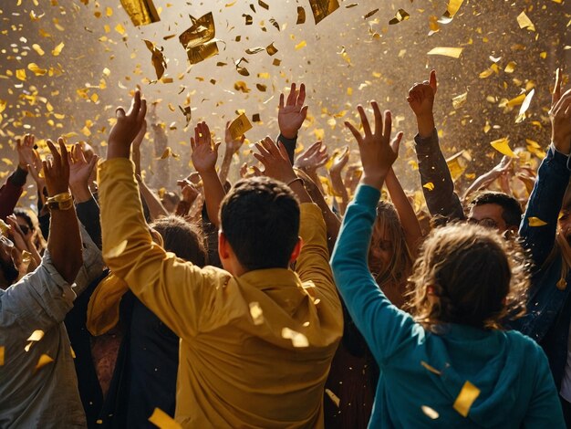 golden paper falling and people celebrating