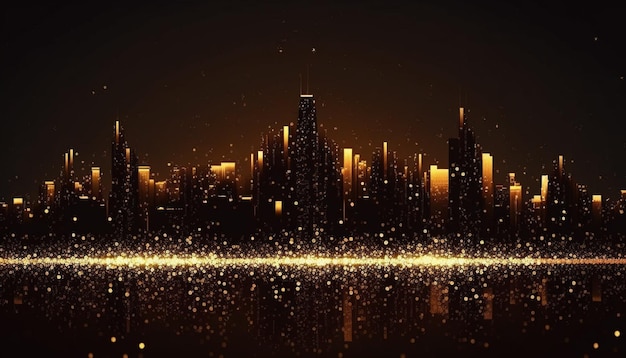 Golden particles of a digital night city on a black background