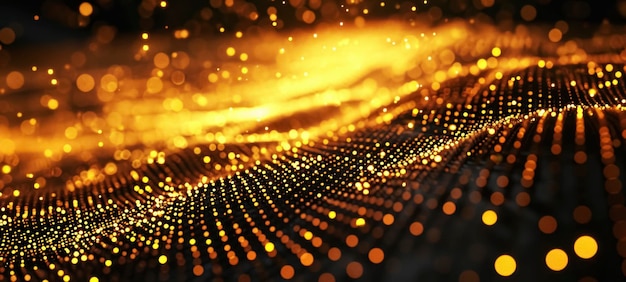 Golden particles flowing in dark background