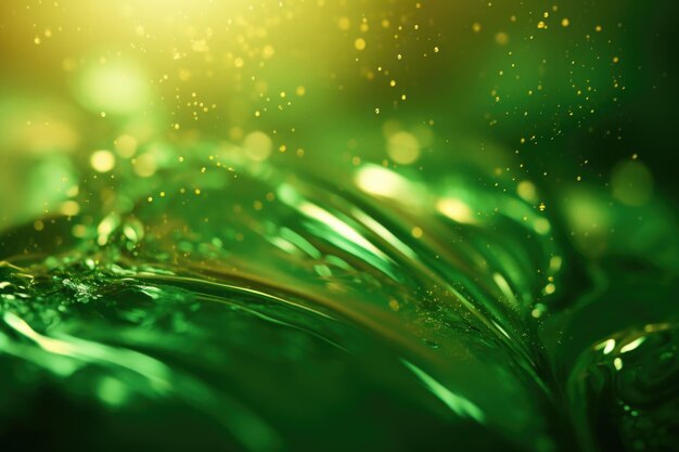 녹색 액체에서 깊이와 iridescence와 함께 황금 입자