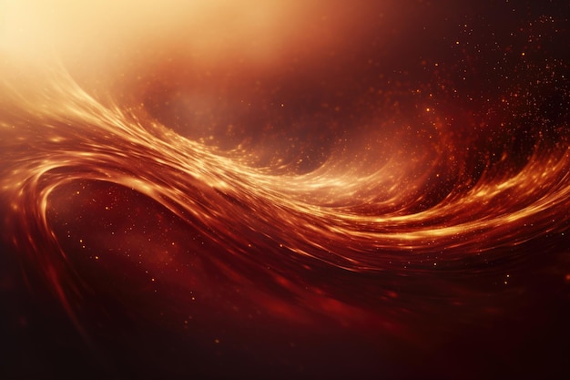 Золотые частицы вращаются в красной жидкости, создавая волшебную галактику.