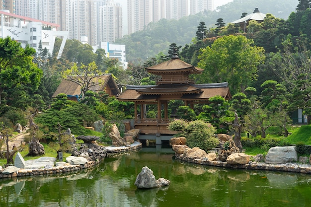 The Golden pavilion and gold bridge in Nan Lian Garden near Chi Lin Nunnery. 