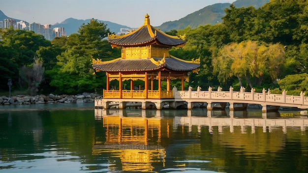 ナン・リアン・ガーデン (Nan Lian Garden) の近くにある黄金のパビリオン (Golden Pavilion) はチ・リン修道院寺院 (Chi Lin Nunnery Temple) の近くにあります