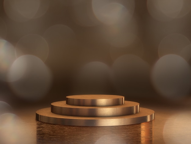 Golden pedestal for display,platform for design, blank product stand with bokeh background. 3D rendering.