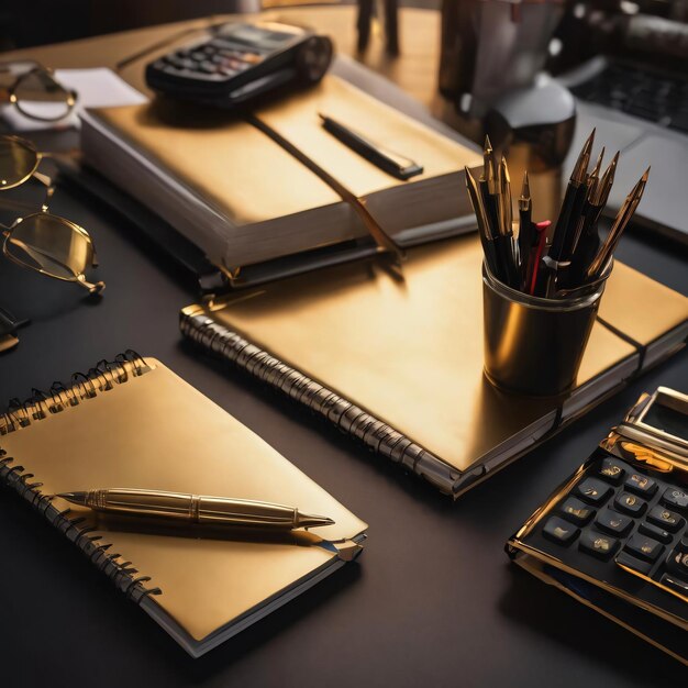 Golden pennotebookcalculator and glasses on black desk