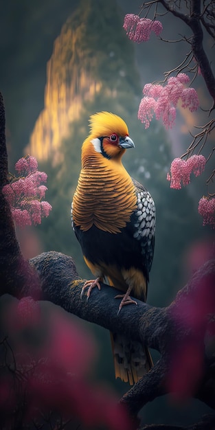 Golden pheasant in a cherry blossom tree overlooking zhangjiajie mountains Generated With AI