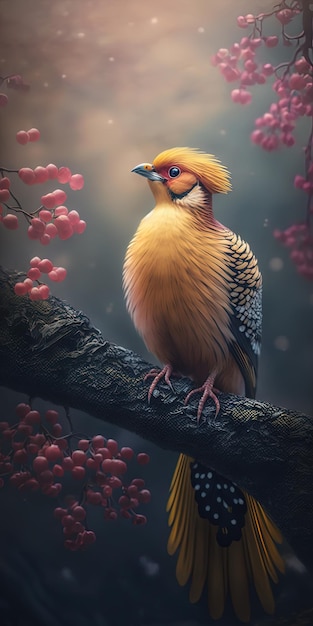 Golden pheasant in a cherry blossom tree overlooking zhangjiajie mountains Generated With AI