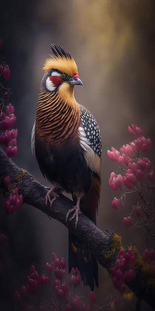 Golden pheasant in a cherry blossom tree overlooking zhangjiajie mountains Generated With AI