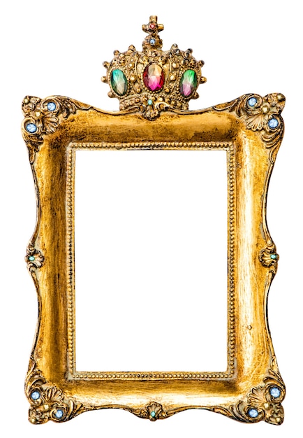 Golden picture frame decorated with gemstones isolated on white background