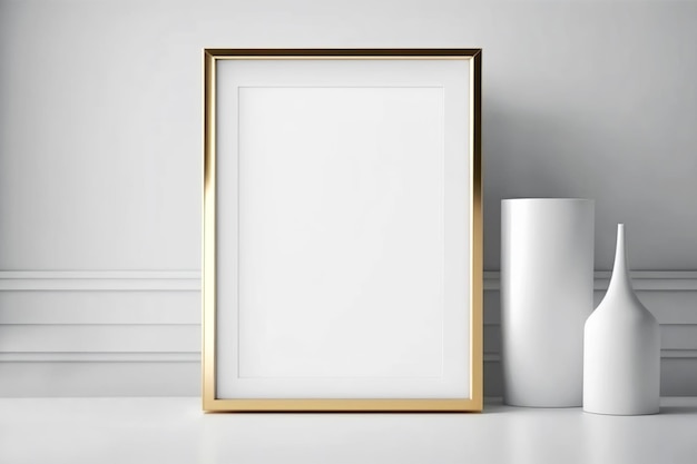 Golden picture frame mockup Empty poster with minimalistic decoration