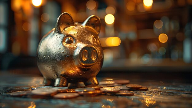 Photo golden piggy bank on coins