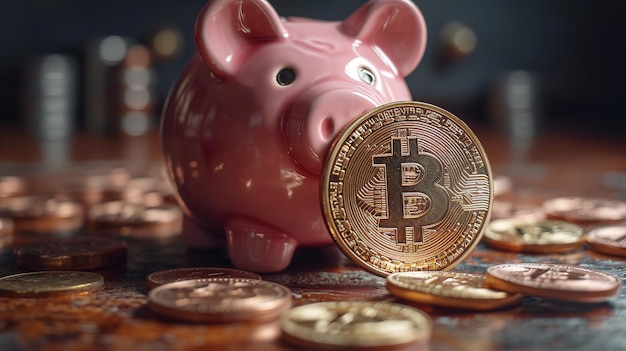 The golden piggy bank is surrounded by a large number of bitcoin coins on a dark background