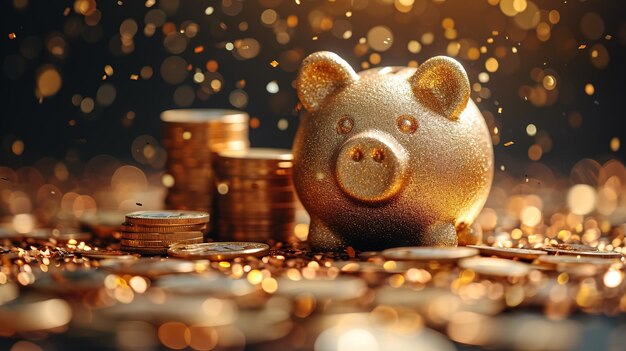 The golden piggy bank is surrounded by a large number of bitcoin coins on a dark background