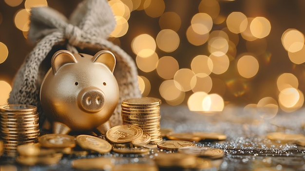 Photo a golden piggy bank sits on a table next to a stack of gold coins the background is a warm glowing blur