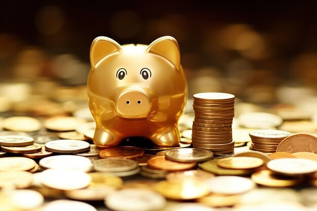 Golden Piggy Bank Surrounded by Piles of Coins Wealth and Savings Concept