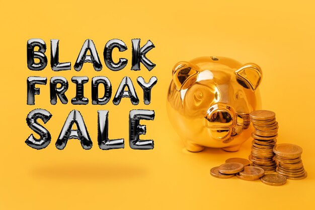 Golden piggy bank with money towers on yellow background with text Black Friday Sale